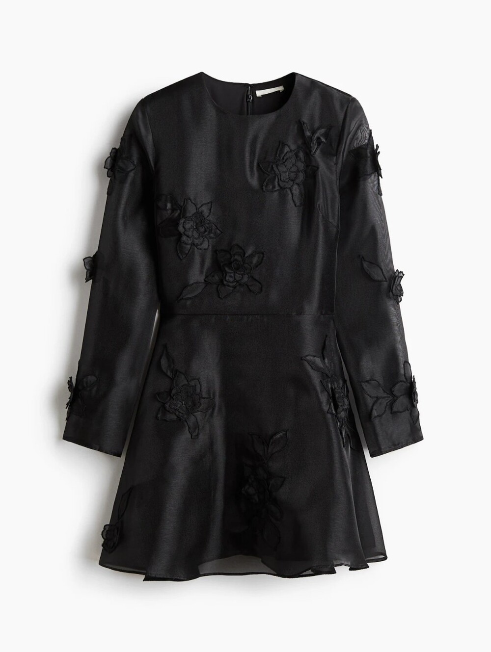 H&M Black Long-Sleeve Floral Appliqué Fit-and-Flare Dress, Medium